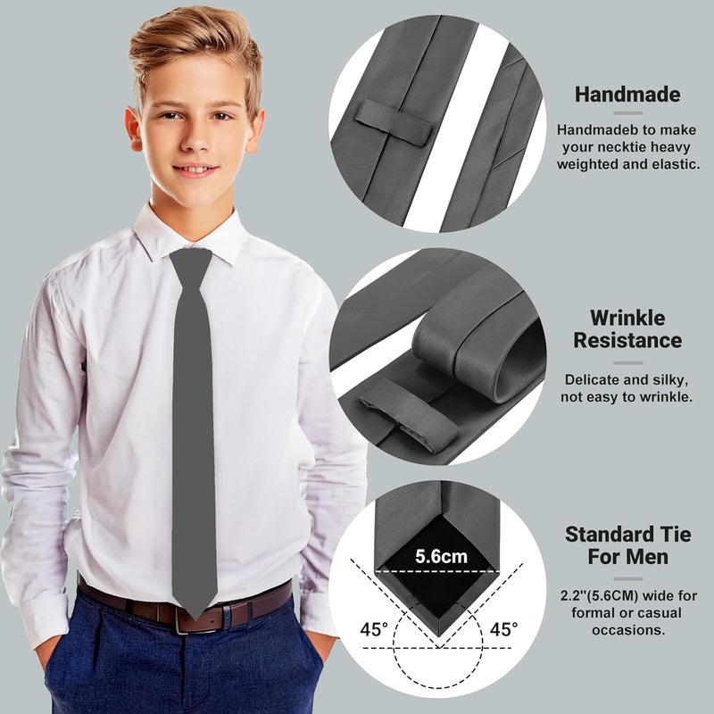 Junmaxroad Store Boys Black Tie Satin Solid Color Necktie for Teen Wedding School Graduation with Gift Box - Image 4